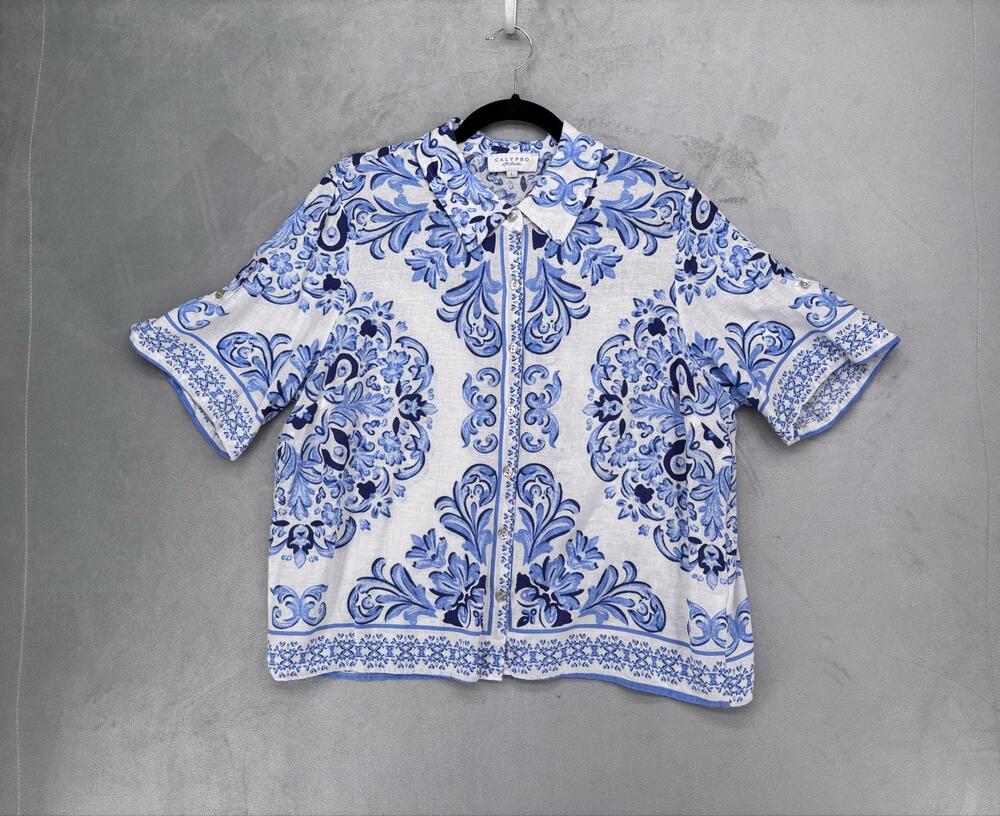 CALYPSO St Barth Shirt L Blue Floral Linen Rayon Short Sleeve Button-Up Resort